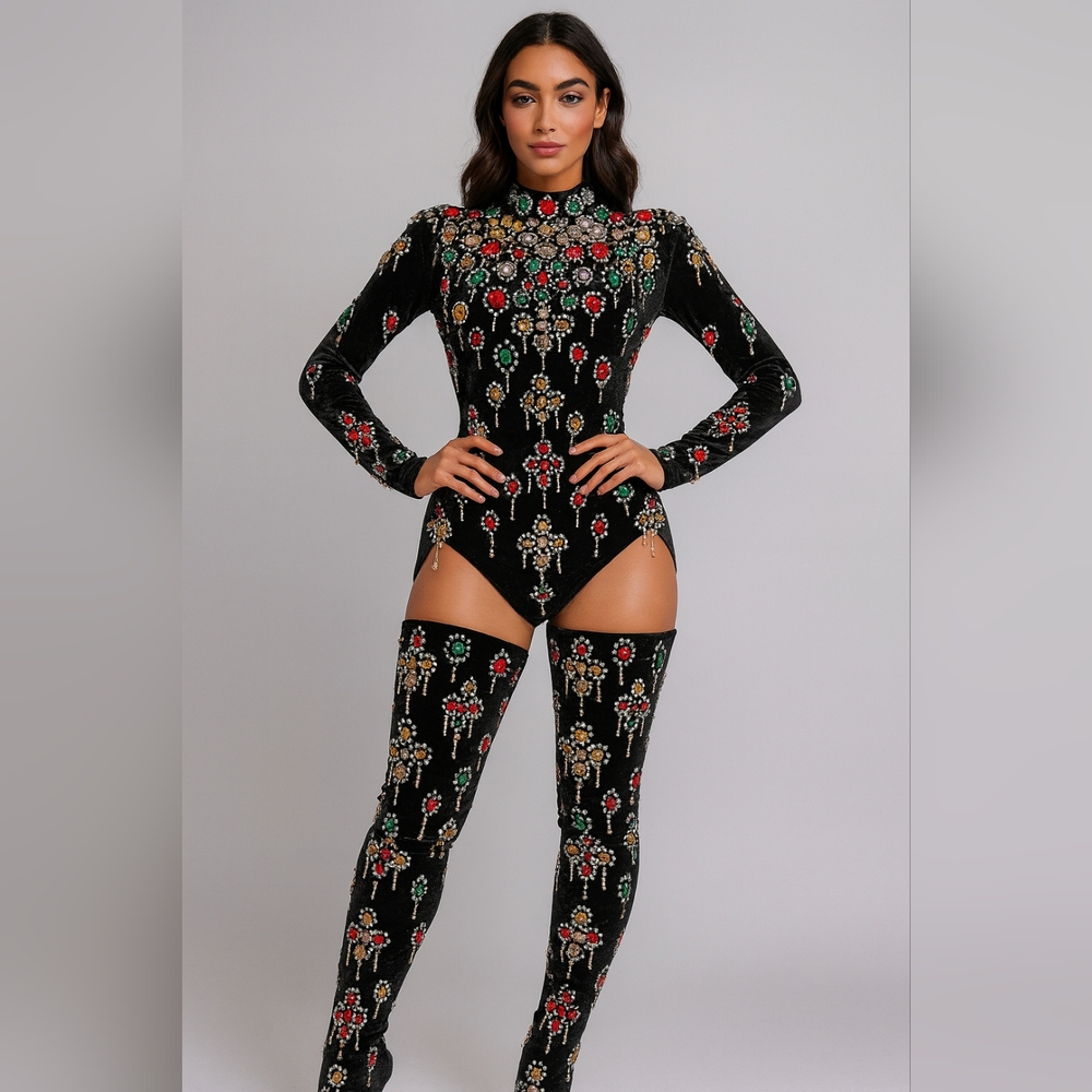 Velvet rhinestone crystal leotard with gloves  costume music fe…